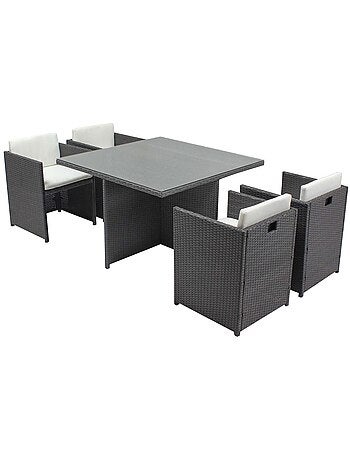 MIAMI Table et chaises 4 places encastrables en résine noir-noir