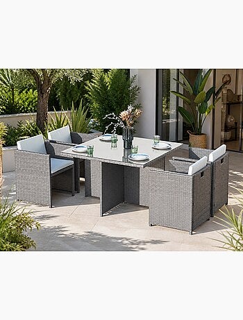 MIAMI Table et chaises 4 places encastrables en résine noir-noir