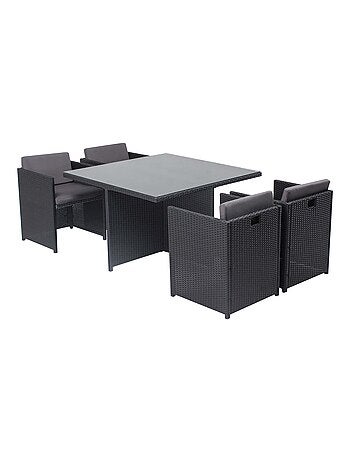 MIAMI Table et chaises 4 places encastrables en résine noir-noir