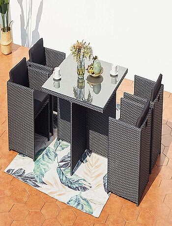 MIAMI Table et chaises 4 places encastrables en résine noir-noir