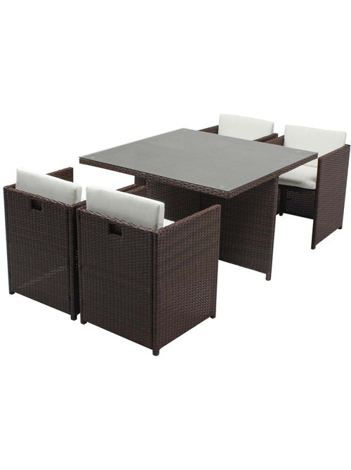 MIAMI Table et chaises 4 places encastrables résine marron-blanc - Kiabi