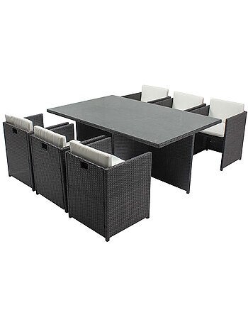 MIAMI Table et chaises 6 places encastrables en résine gris-blanc