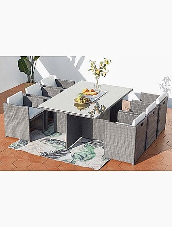 MIAMI Table et chaises 6 places encastrables en résine gris-blanc