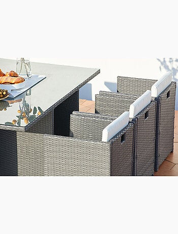 MIAMI Table et chaises 6 places encastrables en résine gris-blanc