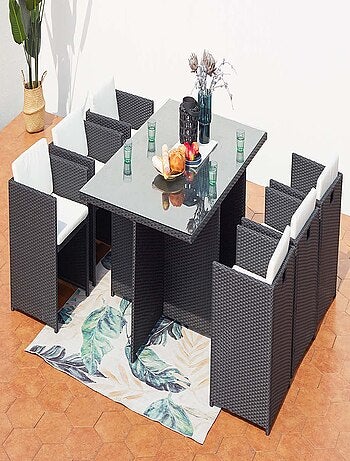 MIAMI Table et chaises 6 places encastrables en résine noir-gris