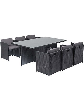 MIAMI Table et chaises 6 places encastrables en résine noir-gris