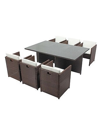 MIAMI Table et chaises 6 places encastrables résine marron-blanc