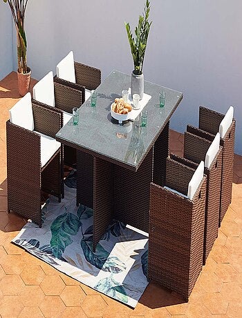 MIAMI Table et chaises 6 places encastrables résine marron-blanc