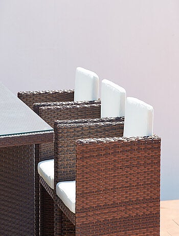 MIAMI Table et chaises 6 places encastrables résine marron-blanc