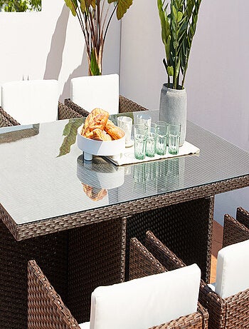 MIAMI Table et chaises 6 places encastrables résine marron-blanc