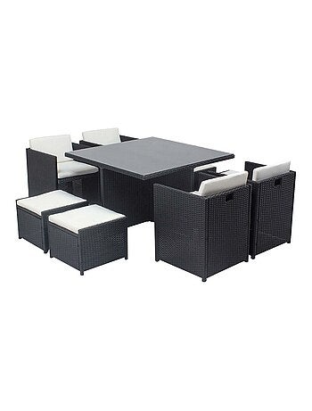 MIAMI Table et chaises 8 places encastrables en résine noir-gris
