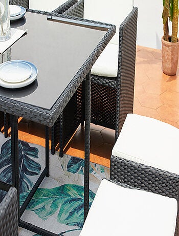 MIAMI Table et chaises 8 places encastrables en résine noir-gris
