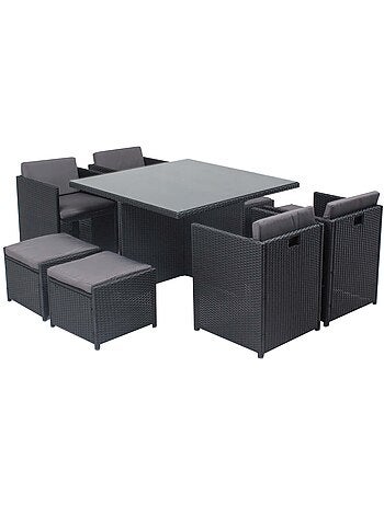 MIAMI Table et chaises 8 places encastrables en résine noir-gris