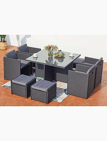 MIAMI Table et chaises 8 places encastrables en résine noir-gris