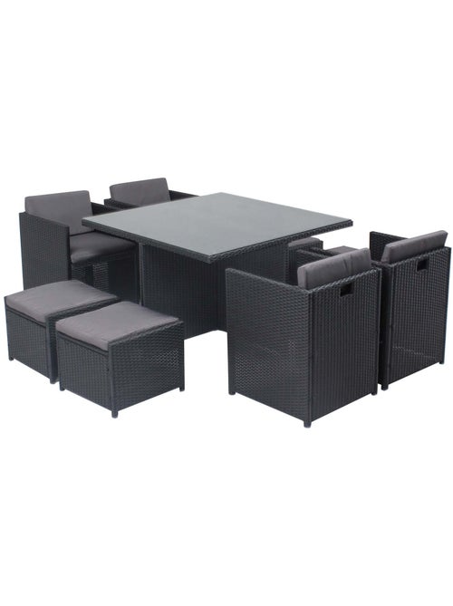 MIAMI Table et chaises 8 places encastrables en résine noir-gris - Kiabi