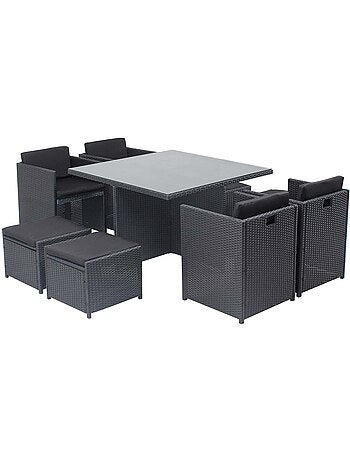 MIAMI Table et chaises 8 places encastrables en résine noir-gris
