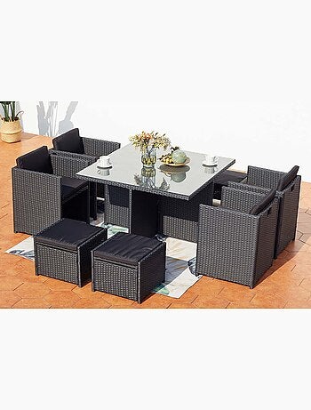 MIAMI Table et chaises 8 places encastrables en résine noir-gris