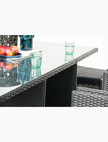MIAMI Table et chaises 8 places encastrables en résine noir-gris