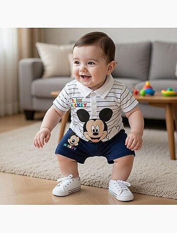 Mickey - T-shirt manches courtes avec col chemise boutonné et short