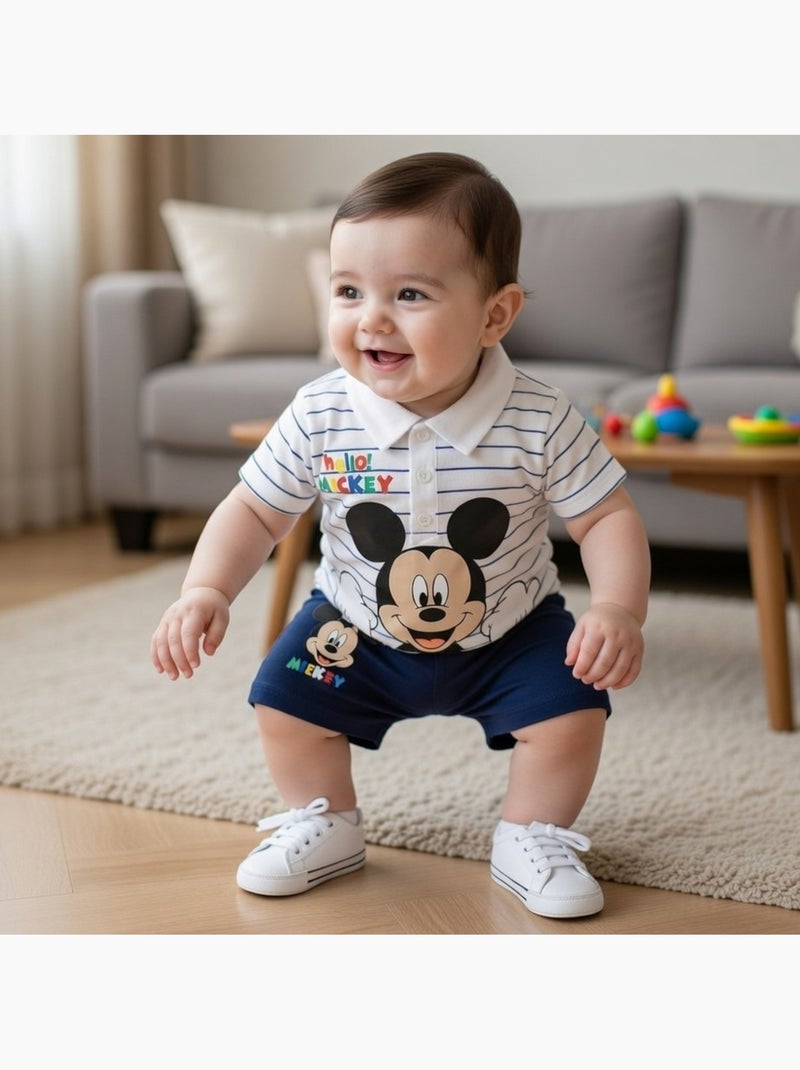 Mickey - T-shirt manches courtes avec col chemise boutonné et short Blanc - Kiabi