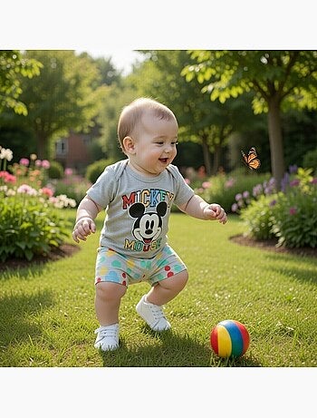 Mickey - T-shirt manches courtes avec tete personnage et son short assorti