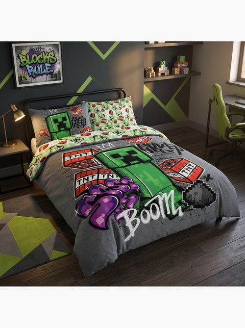Minecraft creeper housse de couette 220x240 cm + 2 taies 63x63 gris - Kiabi
