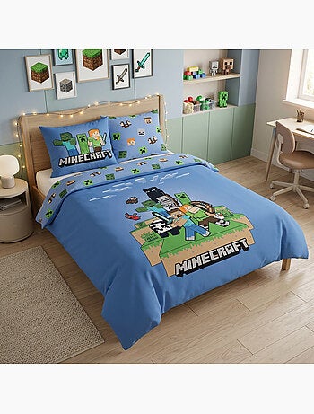 Minecraft housse de couette 220x240 cm + 2 taies 65x65 bleu polycoton