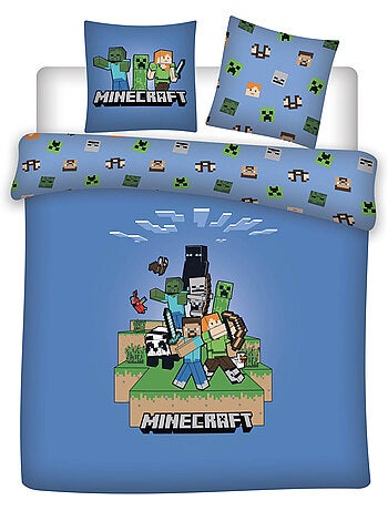 Minecraft housse de couette 220x240 cm + 2 taies 65x65 bleu polycoton