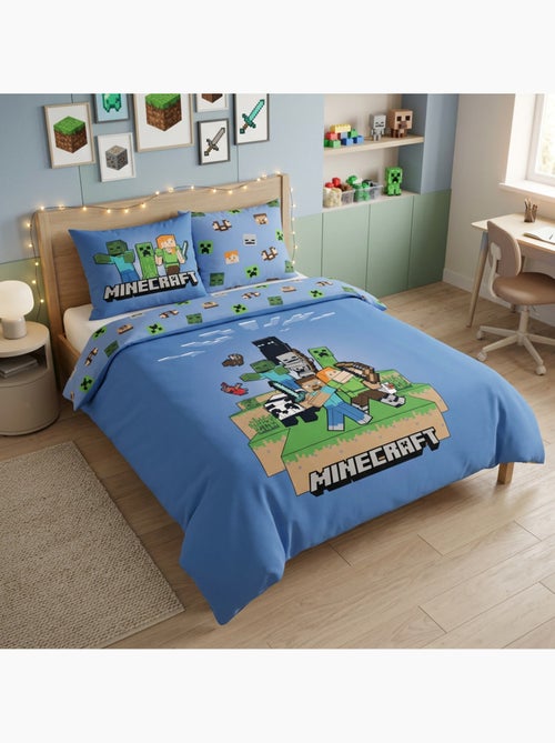 Minecraft housse de couette 220x240 cm + 2 taies 65x65 bleu polycoton - Kiabi