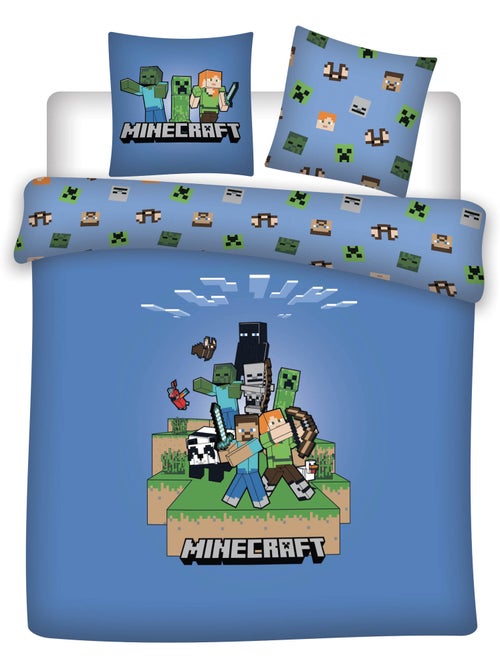 Minecraft housse de couette 220x240 cm + 2 taies 65x65 bleu polycoton - Kiabi