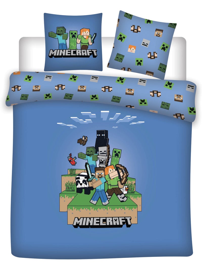 Minecraft housse de couette 220x240 cm + 2 taies 65x65 bleu polycoton Noir Noir Bleu - Kiabi