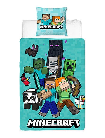 Minecraft, Parure de Lit Enfant Imprimée Réversible, STEVE ET ALEX