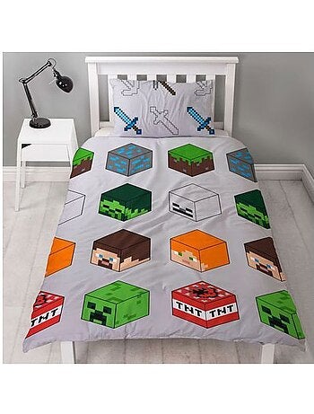 Minecraft parure de lit réversible 140x200 cm - housse de couette + taie 60x70 cm (pixel, gris)