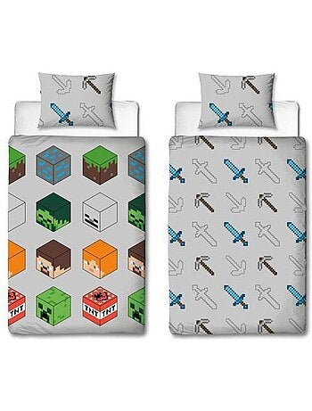 Minecraft parure de lit réversible 140x200 cm - housse de couette + taie 60x70 cm (pixel, gris)