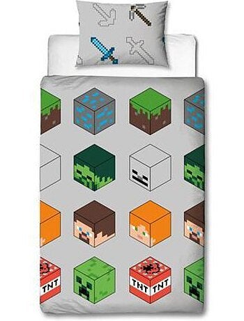 Minecraft parure de lit réversible 140x200 cm - housse de couette + taie 60x70 cm (pixel, gris)