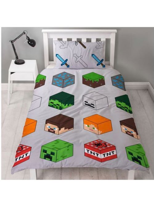 Minecraft parure de lit réversible 140x200 cm - housse de couette + taie 60x70 cm (pixel, gris) - Kiabi