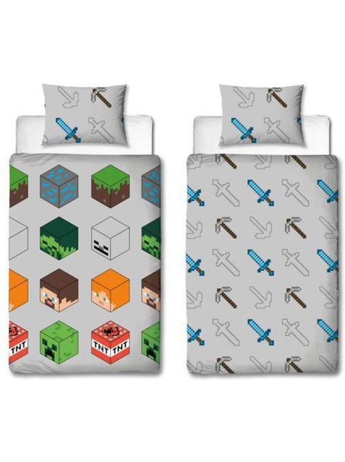 Minecraft parure de lit réversible 140x200 cm - housse de couette + taie 60x70 cm (pixel, gris) - Kiabi