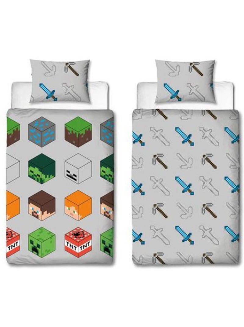 Minecraft parure de lit réversible 140x200 cm - housse de couette + taie 60x70 cm (pixel, gris) Gris - Kiabi