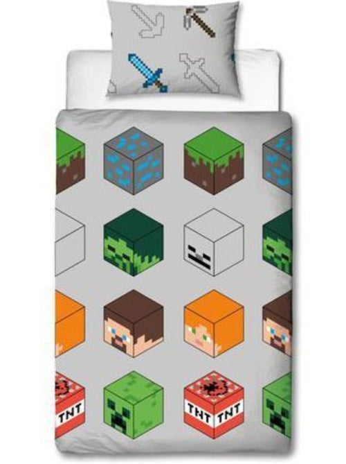 Minecraft parure de lit réversible 140x200 cm - housse de couette + taie 60x70 cm (pixel, gris) - Kiabi