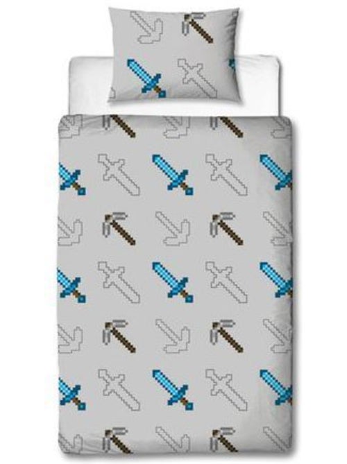 Minecraft parure de lit réversible 140x200 cm - housse de couette + taie 60x70 cm (pixel, gris) - Kiabi