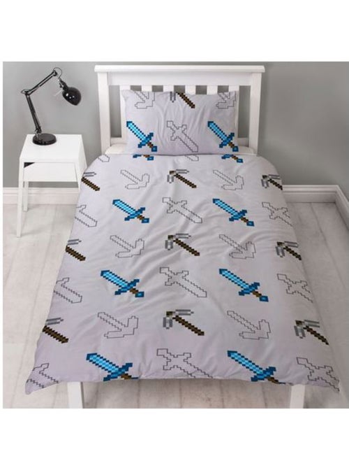 Minecraft parure de lit réversible 140x200 cm - housse de couette + taie 60x70 cm (pixel, gris) - Kiabi