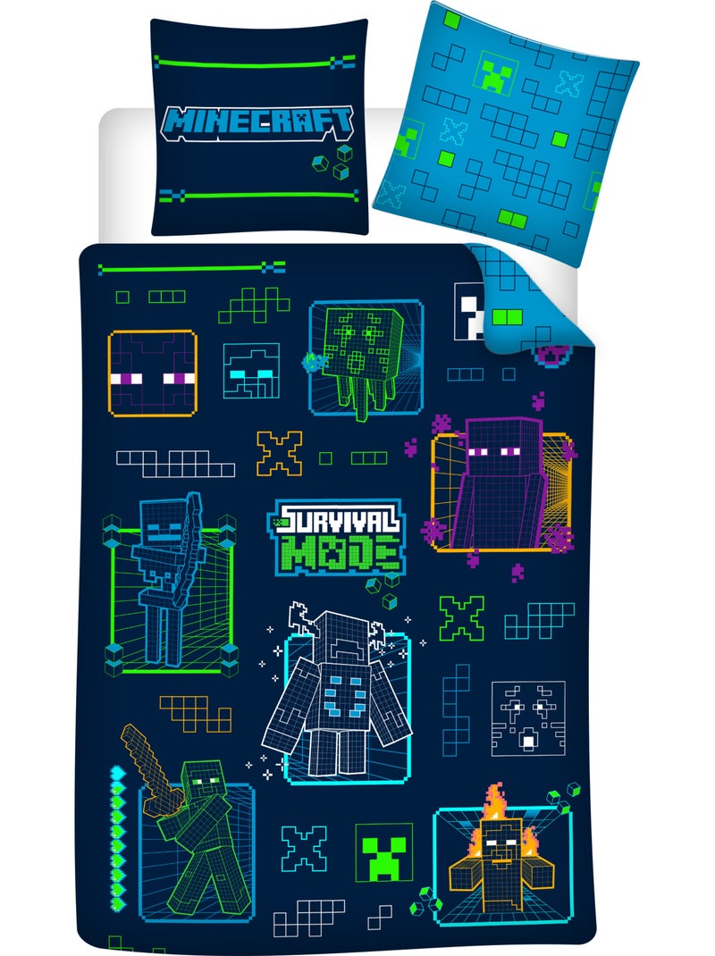Minecraft survival mode housse de couette 140x200 cm + taie 63x63 Noir Bleu - Kiabi
