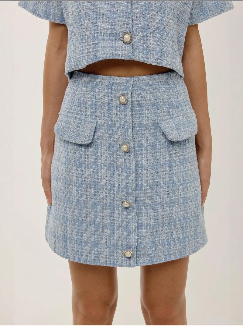 Mini-jupe boutonnée en tweed Bleu - Kiabi