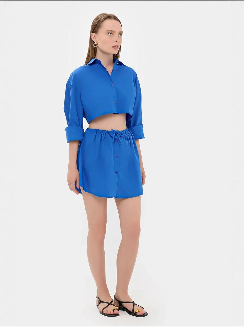 Mini-jupe boutonnée taille haute avec cordon de serrage Bleu - Kiabi