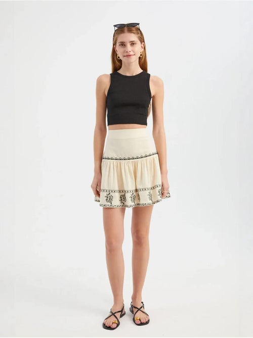 Mini-jupe brodée à volants taille haute - Kiabi