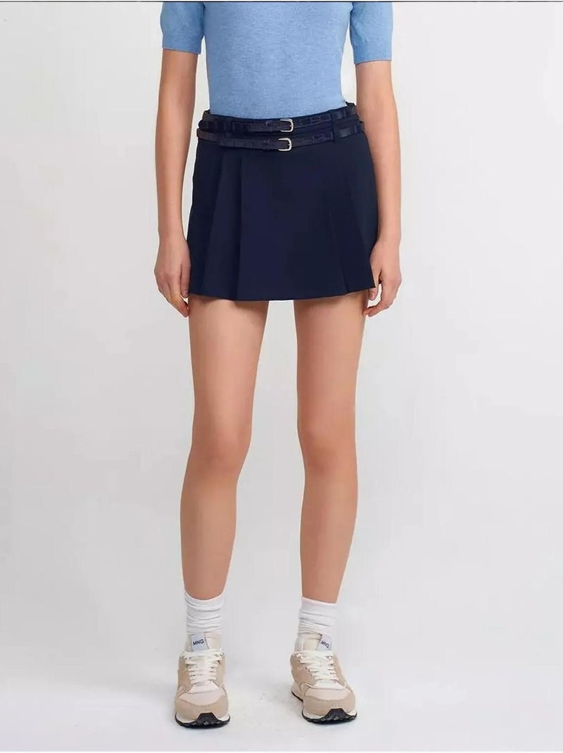 Mini-jupe courte plissée taille mi-haute avec ceinture Bleu - Kiabi