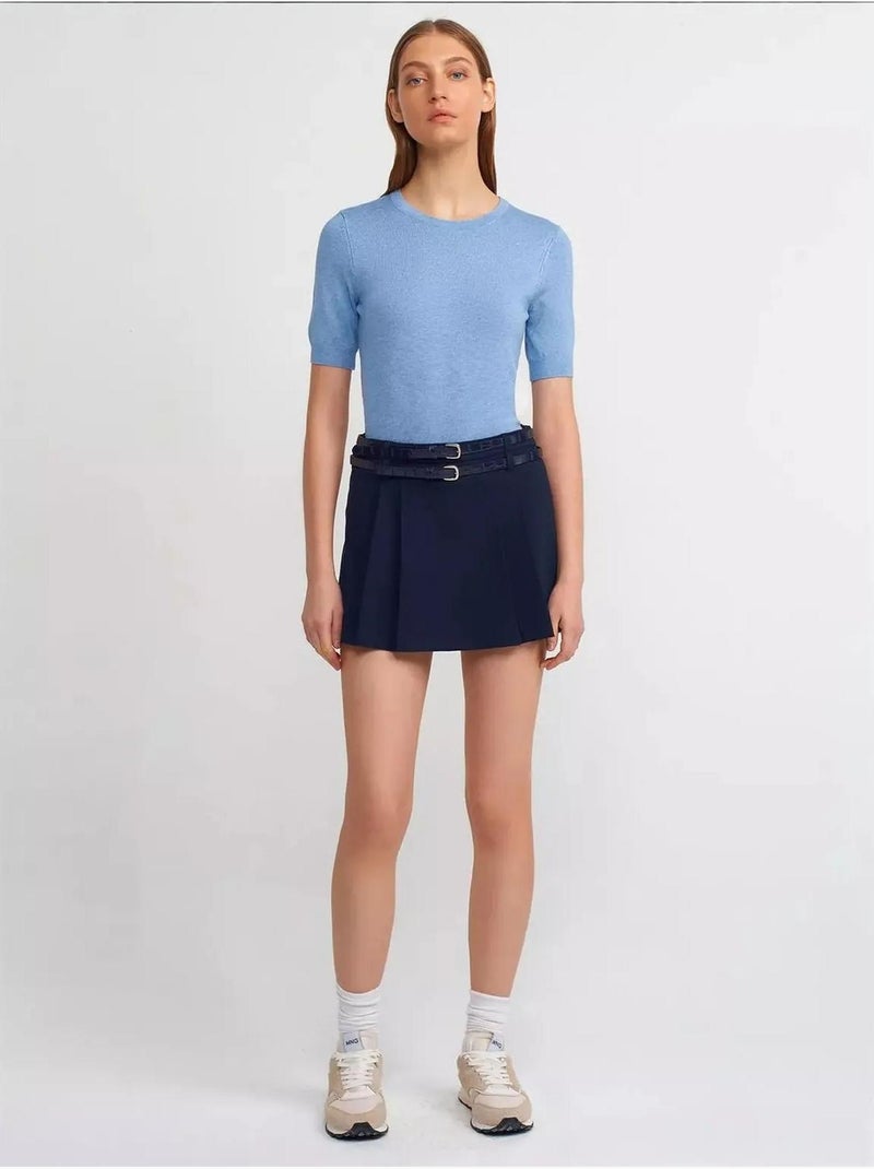 Mini-jupe courte plissée taille mi-haute avec ceinture Bleu - Kiabi