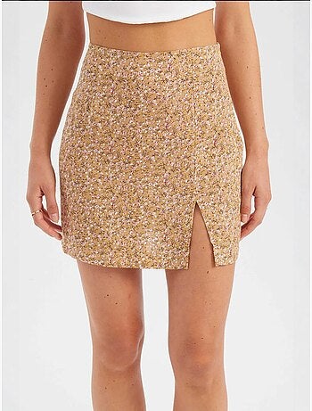 Mini-jupe fleurie taille haute fendue sur le côté