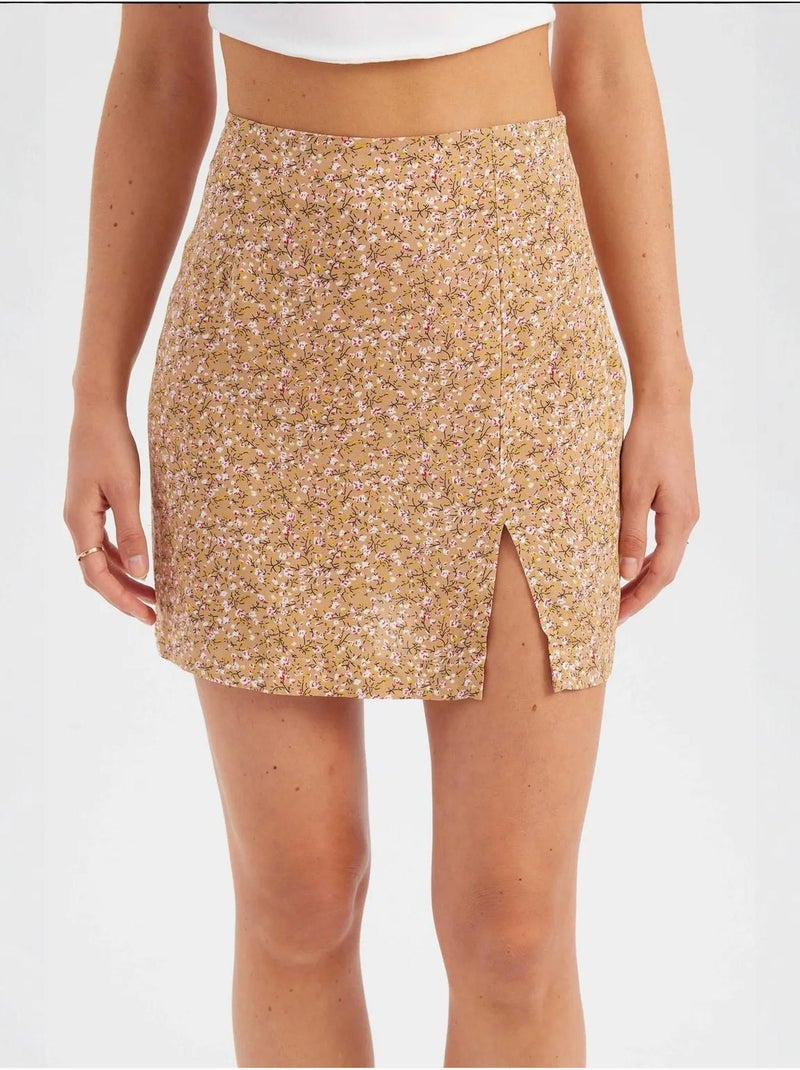 Mini-jupe fleurie taille haute fendue sur le côté Orange - Kiabi