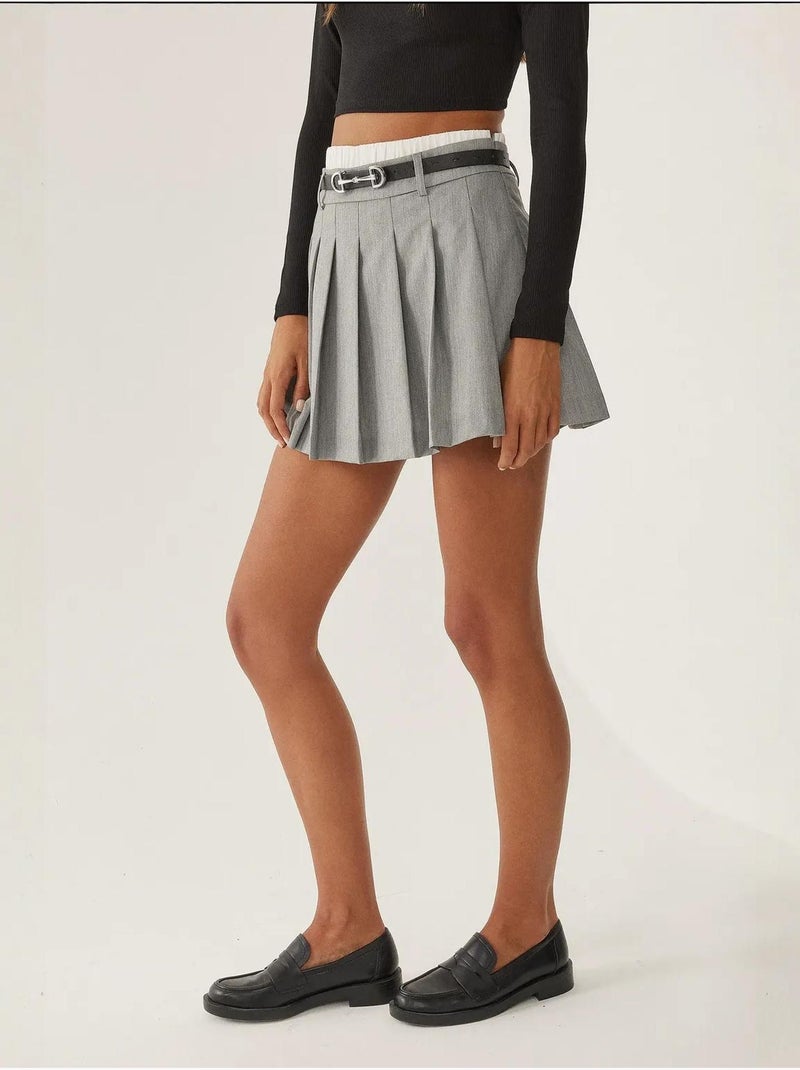 Mini-jupe plissée à double taille Gris - Kiabi